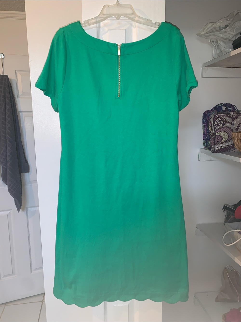 Talbots Emerald Green Short Sleeve Shift Dress with Gold Zip